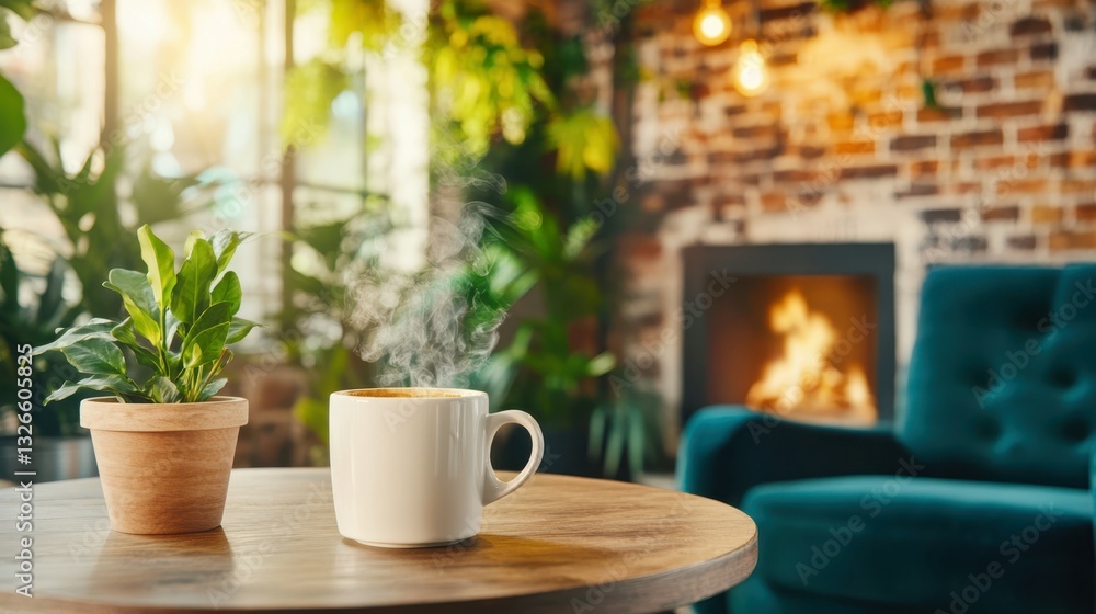 Cozy Coffee Corner: Warm, inviting ambiance of a living space, with a steaming cup of coffee and a potted plant, alongside a burning fireplace. Cozy Coffee Corner: Warm, inviting ambiance of a living space, with a steaming cup of coffee and a potted plant, alongside a burning fireplace.