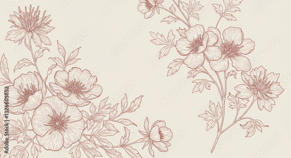 Fototapeta premium Elegant Rose and Floral Line Art Botanical Design - Delicate floral illustration, symbolizing beauty, nature, elegance, serenity, and growth. Perfect for wedding invitations or home decor