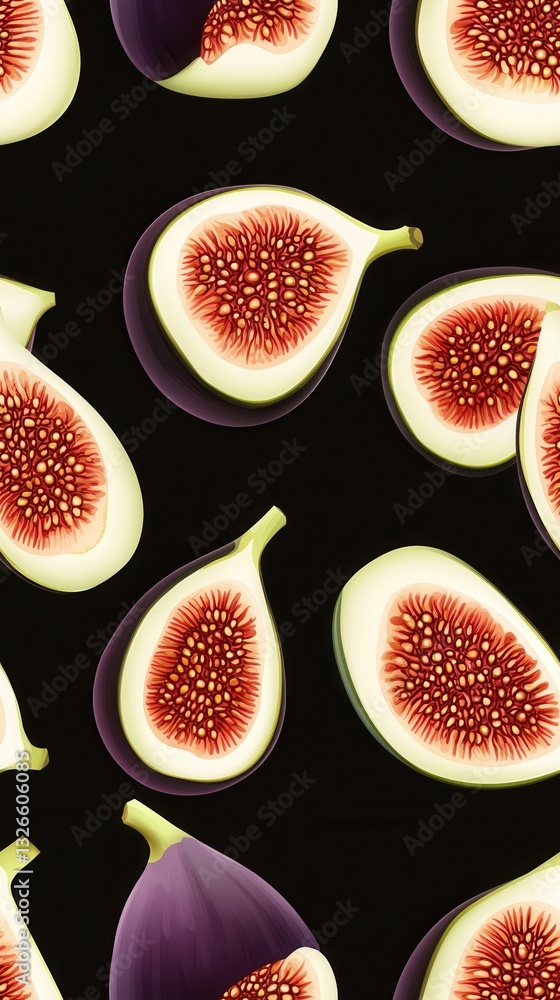 Rich visual of ripe figs with deep purple skins laid out on a black background for a dramatic and elegant look Rich visual of ripe figs with deep purple skins laid out on a black background for a dramatic and elegant look