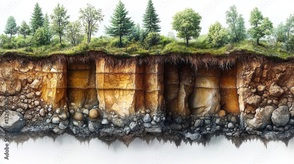Fototapeta premium Cross Section Illustration of Earth Showing Soil Layers Trees and Vegetation
