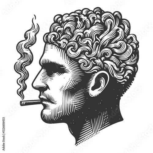 man with smoke emerging from his head, symbolizing thoughts and imagination sketch engraving generative ai fictional character vector illustration. Scratch board imitation. Black and white image.