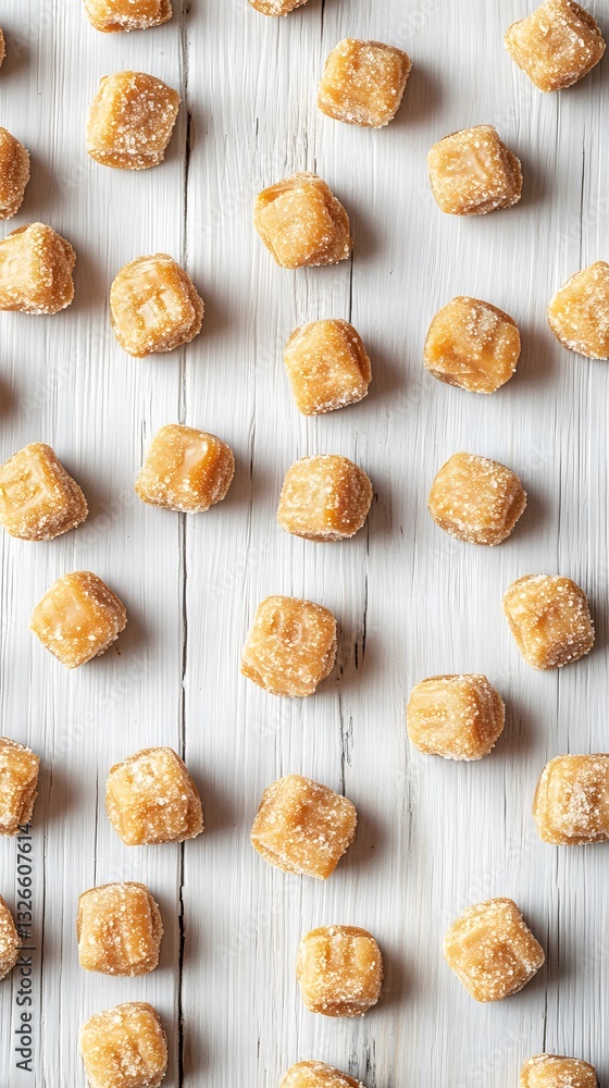 Sweet Butterscotch Candy Cubes on White Wood Background Sweet Butterscotch Candy Cubes on White Wood Background