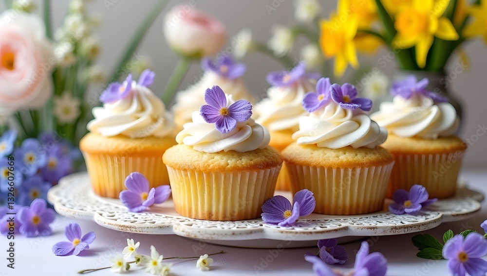 Aesthetic lemon poppy seed cupcakes with floral décor. AI-Generated. Aesthetic lemon poppy seed cupcakes with floral décor. AI-Generated.