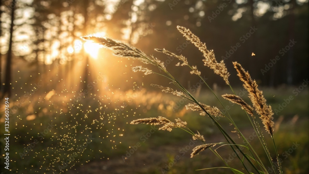Obraz premium Micro petals background Golden sunlight filters through grass in a serene forest setting. Abstract micro flower.