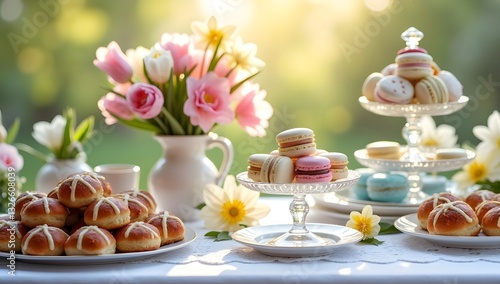 Wallpaper Mural Elegant Easter brunch with pastel treats and flowers. AI-Generated.	 Torontodigital.ca