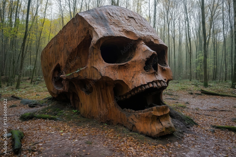 Giant skull sculpture made from a large tree trunk in an enchanted forest during autumn Giant skull sculpture made from a large tree trunk in an enchanted forest during autumn