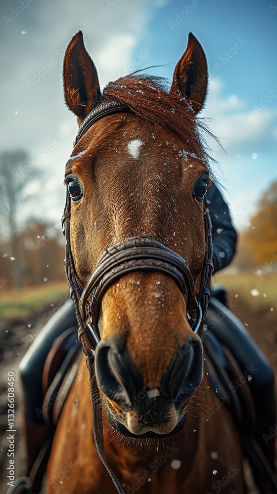 Obraz premium A brown horse stands with its head pushed forward, wearing a bridle. A rider is partially visible behind it, set against a backdrop of autumn foliage and snowflakes