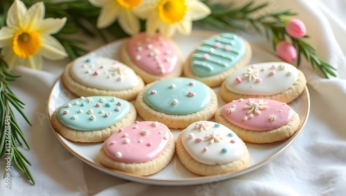 Hand-decorated pastel Easter cookies with intricate details. AI-Generated.	