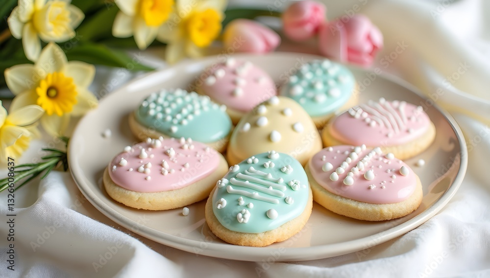 Hand-decorated pastel Easter cookies with intricate details. AI-Generated. Hand-decorated pastel Easter cookies with intricate details. AI-Generated.
