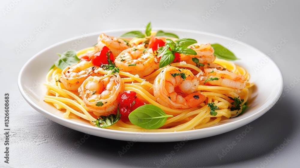 A beautifully illustrated plate of shrimp pasta with a creamy garlic sauce. A beautifully illustrated plate of shrimp pasta with a creamy garlic sauce.