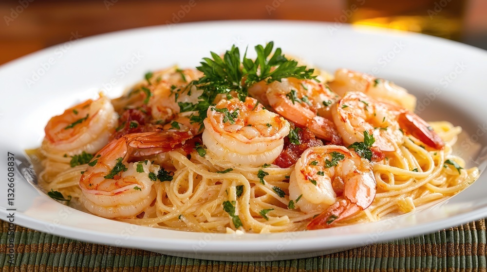 A beautifully illustrated plate of shrimp pasta with a creamy garlic sauce. A beautifully illustrated plate of shrimp pasta with a creamy garlic sauce.