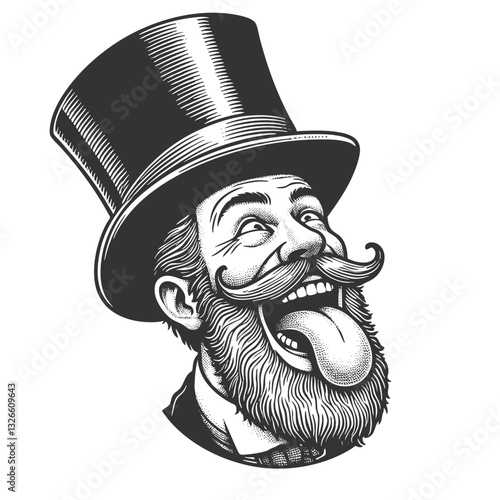 Silly stupid facial expression gentleman with curled mustache and top hat sticking out his tongue sketch engraving generative ai vector illustration. Scratch board imitation. Black and white image.