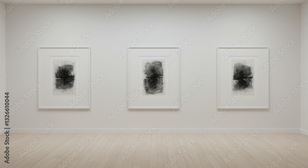 Fototapeta premium Gallery Wall: Symmetrical Abstract Triptych - Three identical abstract artworks in white frames create a balanced, minimalist gallery display. Symbolizing serenity, contemplation, balance, unity