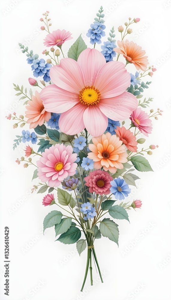 Fototapeta premium Watercolor Flower Bouquet Illustration with Pink and Blue Blooms for Spring Decor