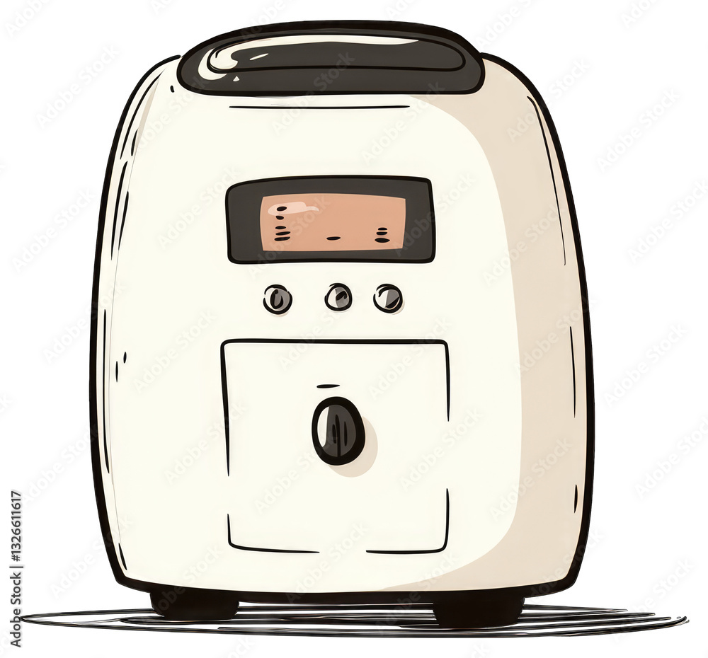 A cartoon rendering of a small white kitchen appliance is shown A cartoon rendering of a small white kitchen appliance is shown