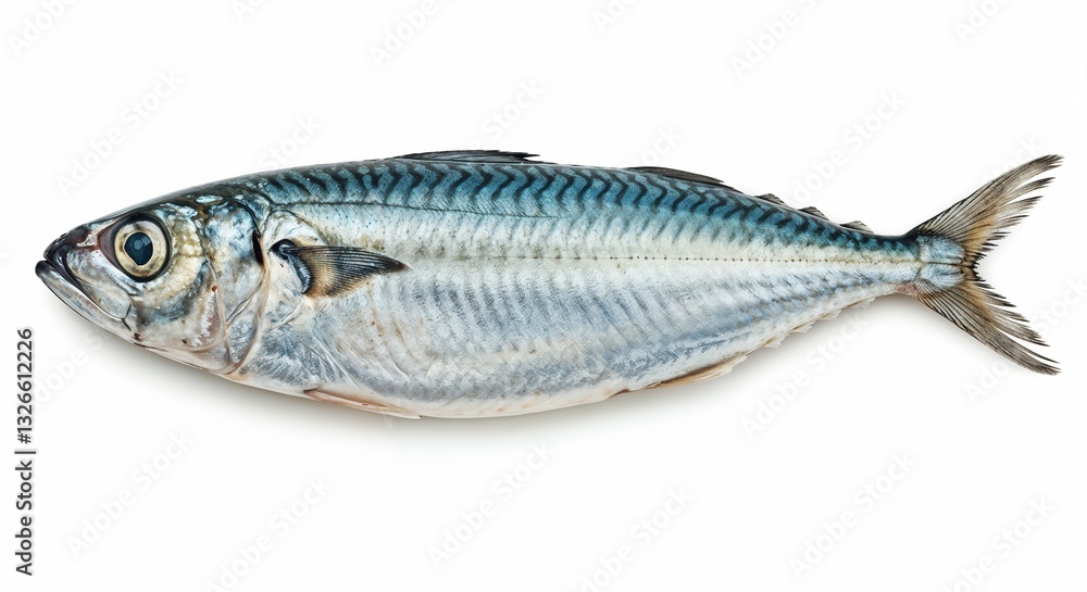 Fresh whole mackerel fish with blue stripes on a white background Fresh whole mackerel fish with blue stripes on a white background