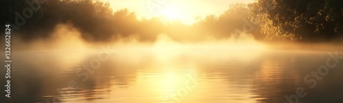 Serene sunrise over a misty river, creating a peaceful atmosphere.