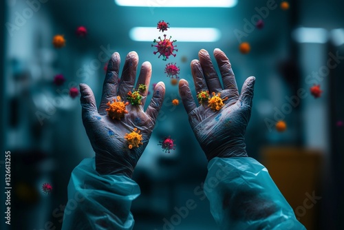 A highly detailed digital illustration of a pair of human hands covered in various colorful and grotesque germs, bacteria, and viruses. The microbes appear to glow under ultraviolet light, emphasizin