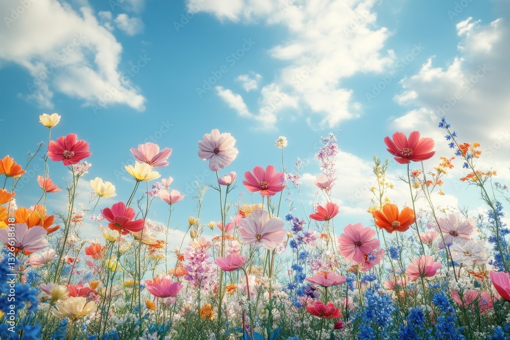 Obraz premium Vibrant wildflowers stretch towards a bright blue sky under soft, fluffy clouds on a sunny day in full bloom