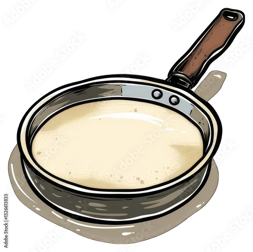 A drawing shows a cooking pan holding creamy liquid food