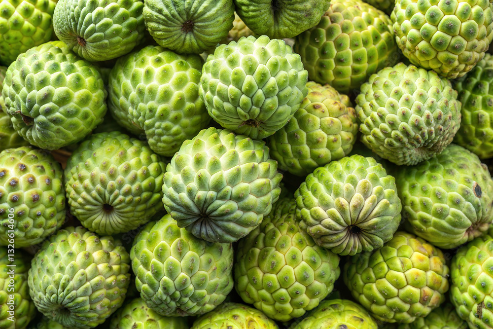 Obraz premium A close-up view of fresh, green cherimoya fruits (Annona muricata) piled together. Their unique, bumpy texture makes them a tropical treat, full of flavor and nutrition.