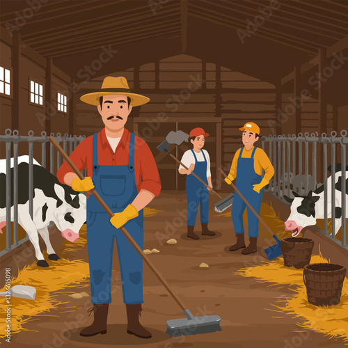 Farmers Cleaning Cow Barn with Cows and Straw Farm Life