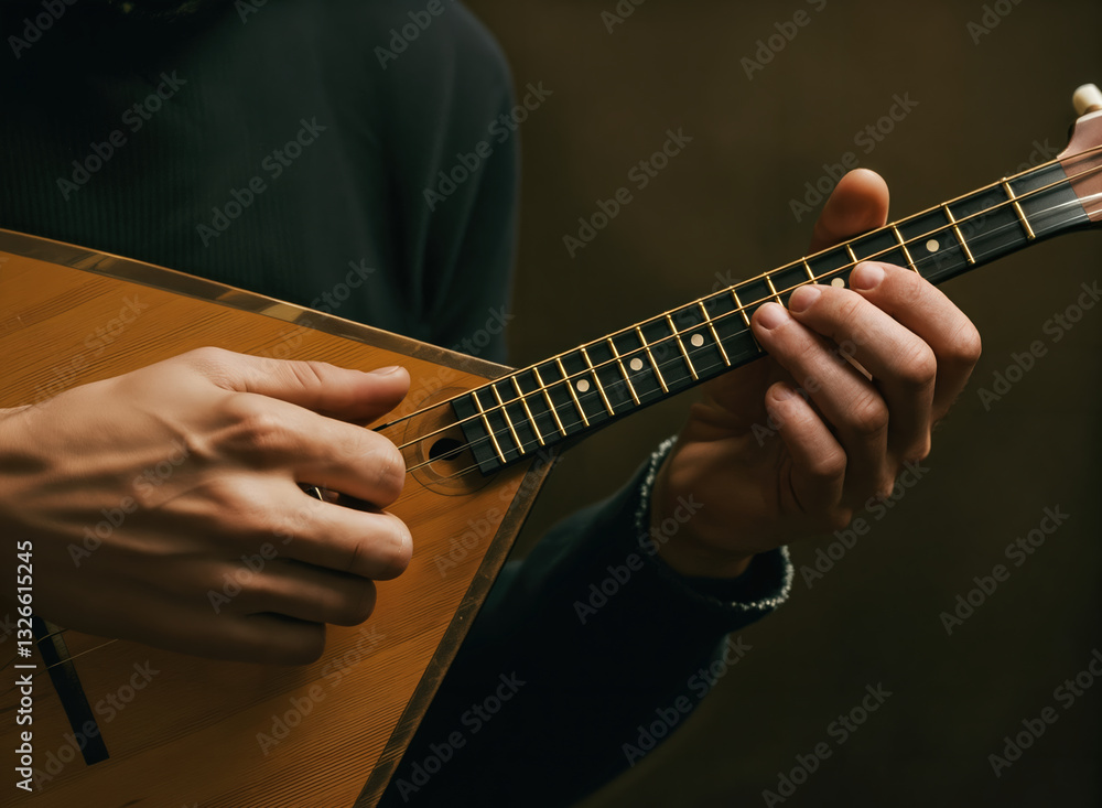 A detailed view of hands strumming and fretting strings on a balalaika instrument. This scene emphasizes musical talent, craftsmanship, and the cultural significance A detailed view of hands strumming and fretting strings on a balalaika instrument. This scene emphasizes musical talent, craftsmanship, and the cultural significance