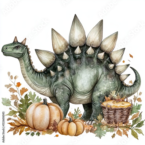 Stegosaurus surrounded by pumpkins in an autumn setting with foliage and a basket