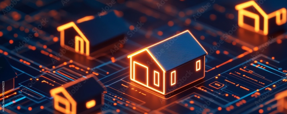 AI-powered home automation dashboard with glowing house icons AI-powered home automation dashboard with glowing house icons