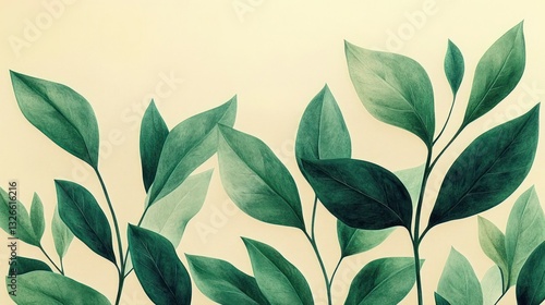 Botanical Minimalist Illustration of Green Leaves on Pastel Background Organic Plant Design