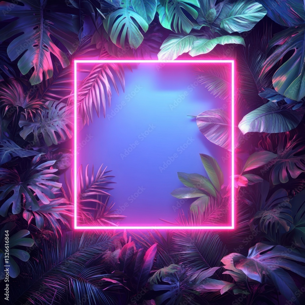 Vibrant Tropical Frame with Lush Green Foliage and Neon Lights Vibrant Tropical Frame with Lush Green Foliage and Neon Lights
