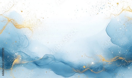 Elegant abstract watercolor background blue and white with gold accents fluid art marble design for wedding invitation decoration banner