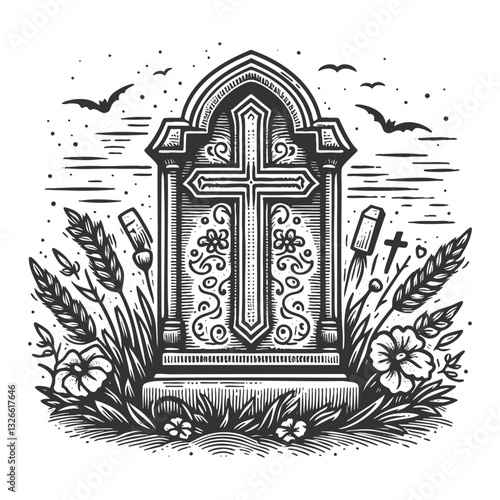 tombstone featuring a cross and surrounded by flowers and grass, symbolizing remembrance, loss, and peace sketch engraving generative ai vector illustration. Scratch board. Black and white image.