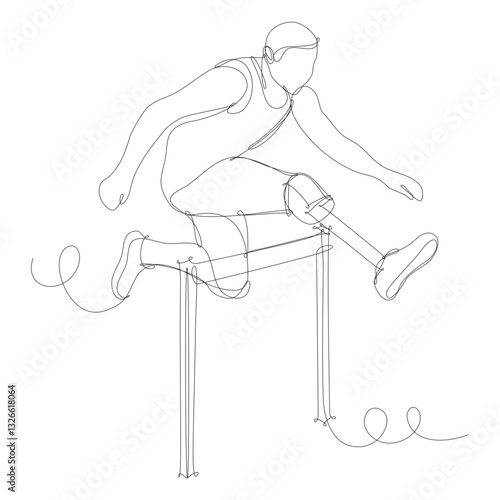Paralympic athlete with artificial limb practising obstacle course. Vector illustration with a solid line, white background.