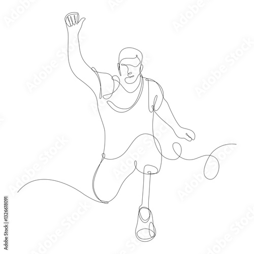 Paralympic athlete with artificial limb running, front view. Continuous line vector illustration, white background. athlete. 