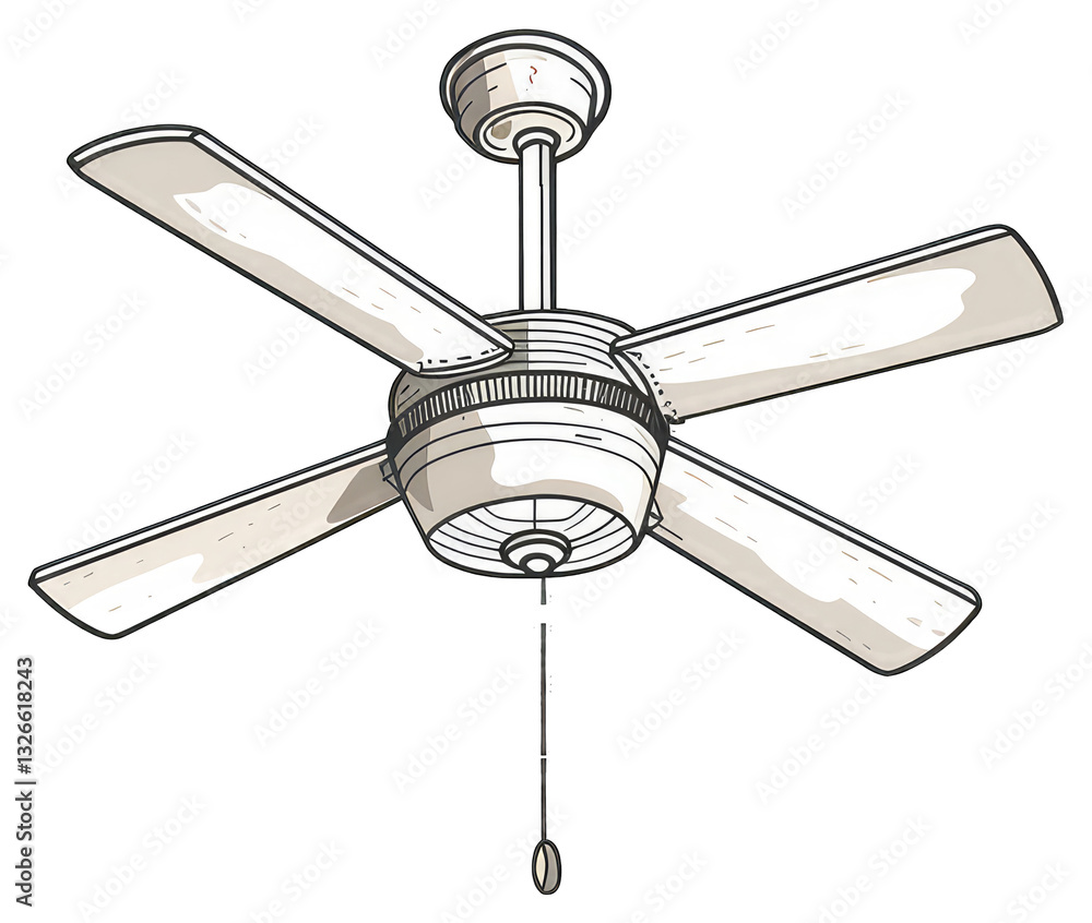 A hand drawn illustration depicting an electric ceiling fan