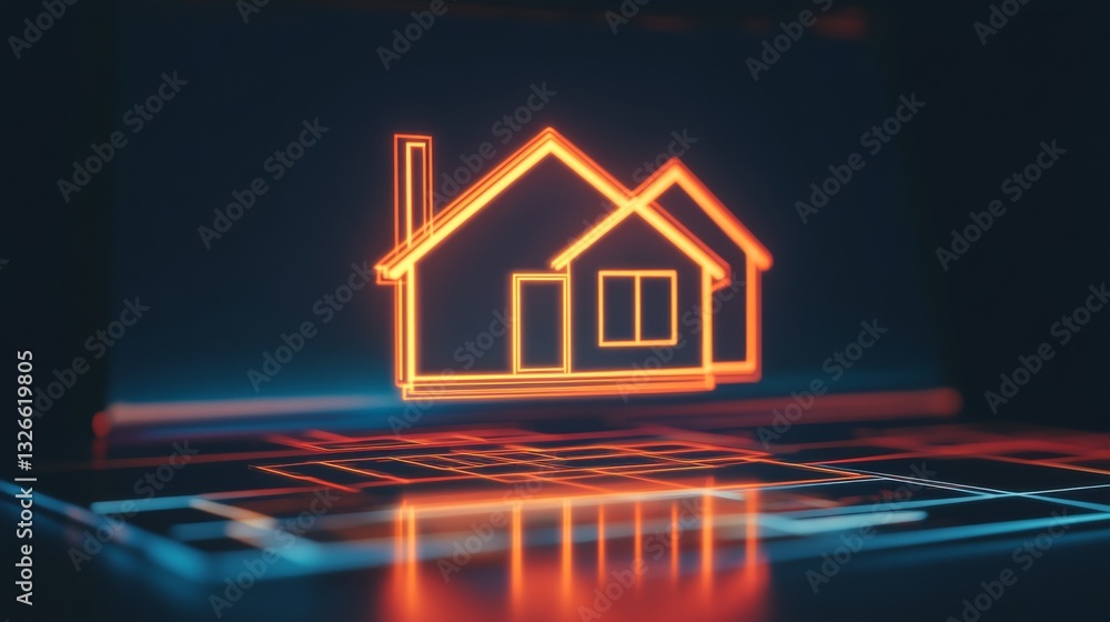 A futuristic touchscreen displaying a floating house projection A futuristic touchscreen displaying a floating house projection