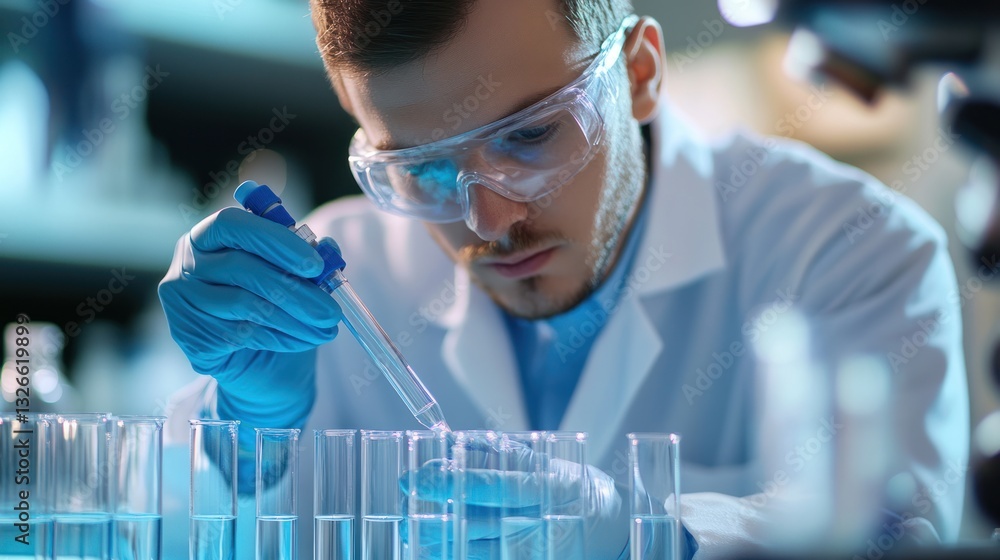 A focused scientist conducts lab experiments with test tubes, wearing protective gear and gloves, highlighting scientific research. A focused scientist conducts lab experiments with test tubes, wearing protective gear and gloves, highlighting scientific research.