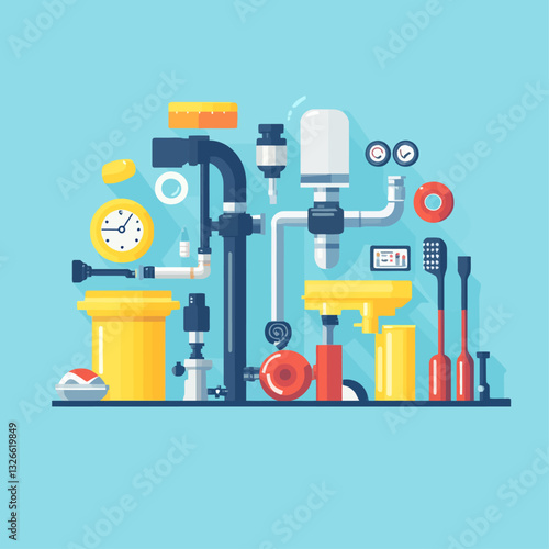 Plumbing system illustration, water pipes and devices on blue background