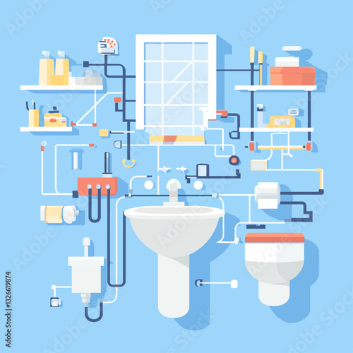 Bathroom plumbing system concept diagram on blue background