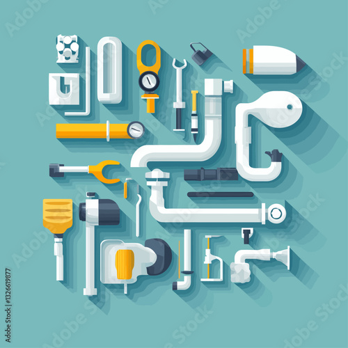Plumbing Tools and Pipes Illustration on a Turquoise Background