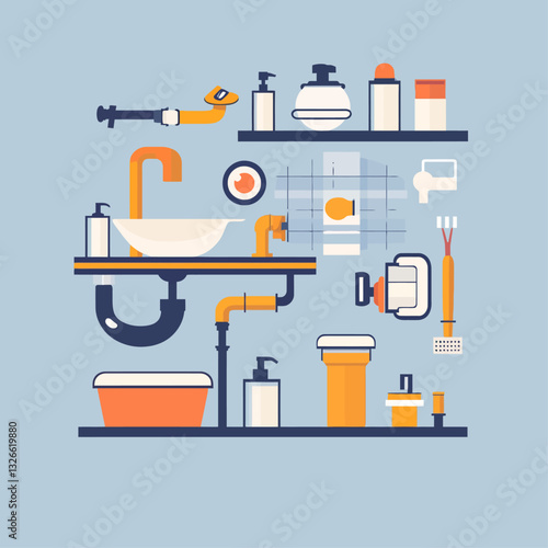 Bathroom plumbing illustration with sink, pipes and various accessories.