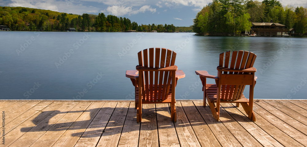Fototapeta premium Two Adirondack chairs rest on a wooden dock, overlooking a tranquil summer lake in Muskoka. The long-exposure shot captures the stillness, with gentle reflections dancing on the calm blue water.