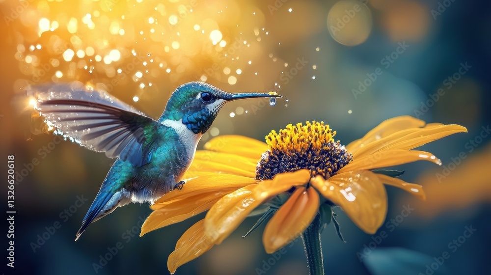 Naklejka premium Vibrant Hummingbird Resting on Bright Yellow Flower Amidst Green Background and Soft Blue Highlights