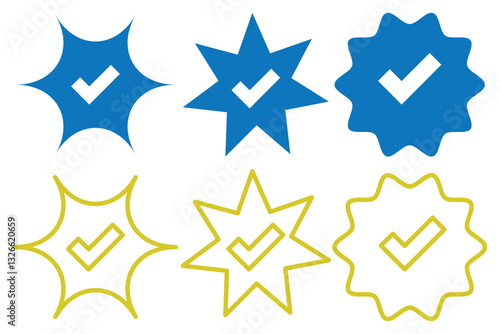 Verified tick badge icon set isolated on transparent background. Social media official account tick symbol collection. Abstract Modern Verification signs design vector 