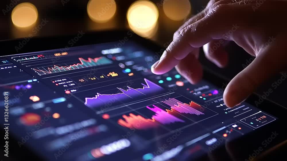 Close-up of a hand interacting with a digital tablet displaying colorful data analytics charts Close-up of a hand interacting with a digital tablet displaying colorful data analytics charts