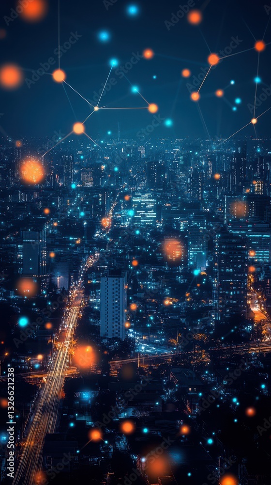 Fototapeta premium Night cityscape with glowing data points and interconnected elements showcasing urban technology