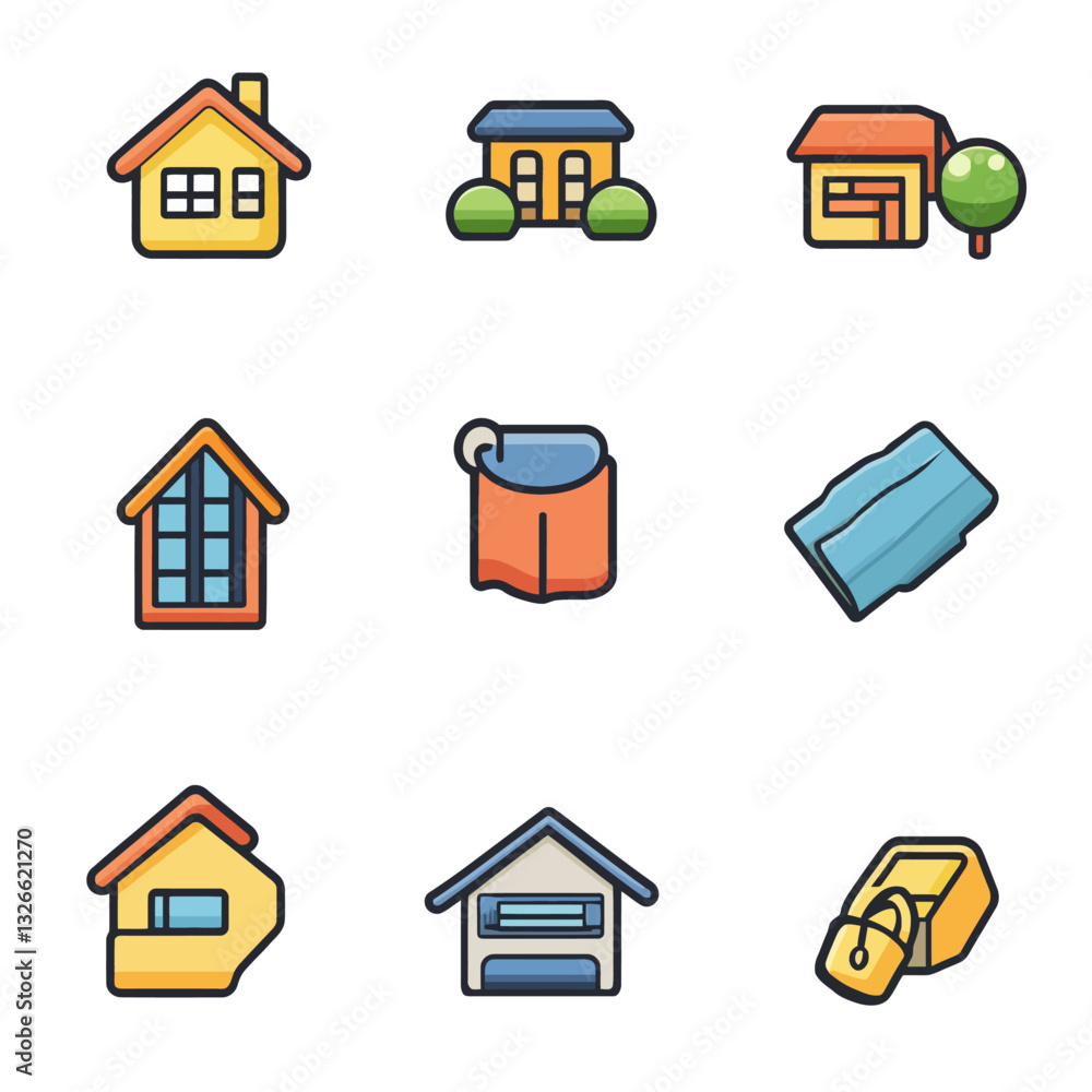Vector illustrations of houses, buildings, garage and lock. Vector illustrations of houses, buildings, garage and lock.