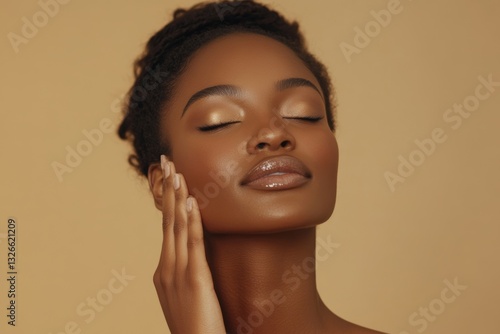 Beautiful Woman Serene Face Natural Makeup Golden Tone Skin Care eyes lips hair calm glow girl model