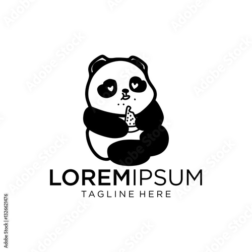 This panda logo in a sitting position holding food with a peaceful expression symbolizes concern for nature, very fitting for an eco-friendly company.